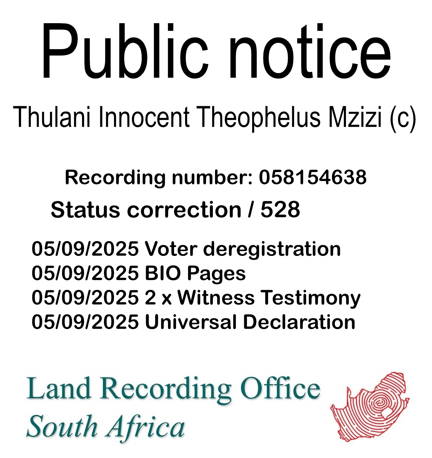 Public notice Thulani Innocent Theophelus Mzizi (c) Recording number 058154638